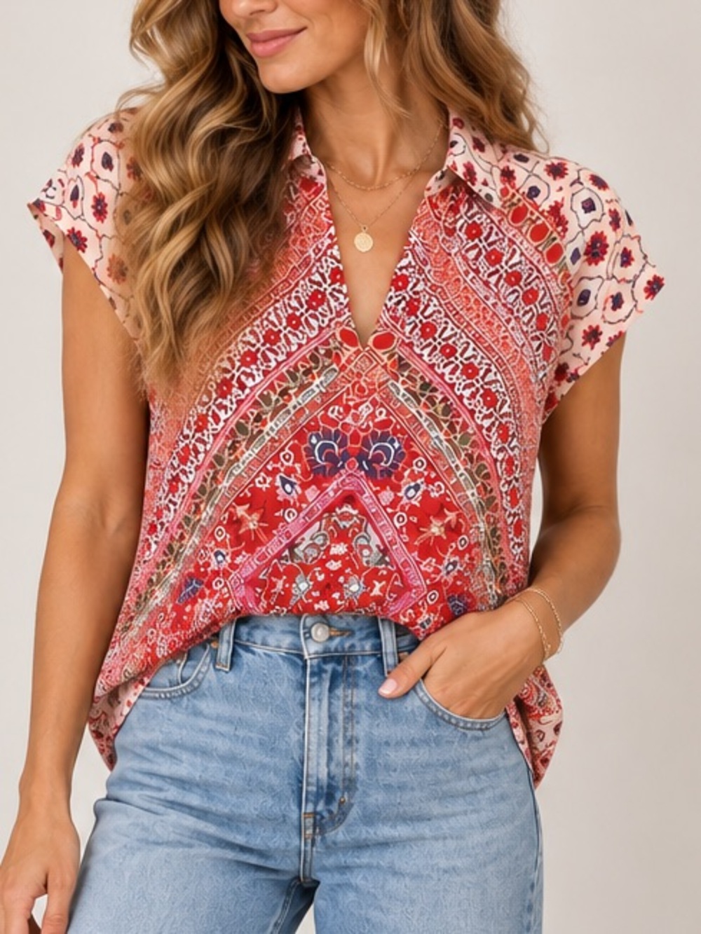 Rachel Zoe Paisley Floral Blouse Split Neck Boho Red Pink Cream XS